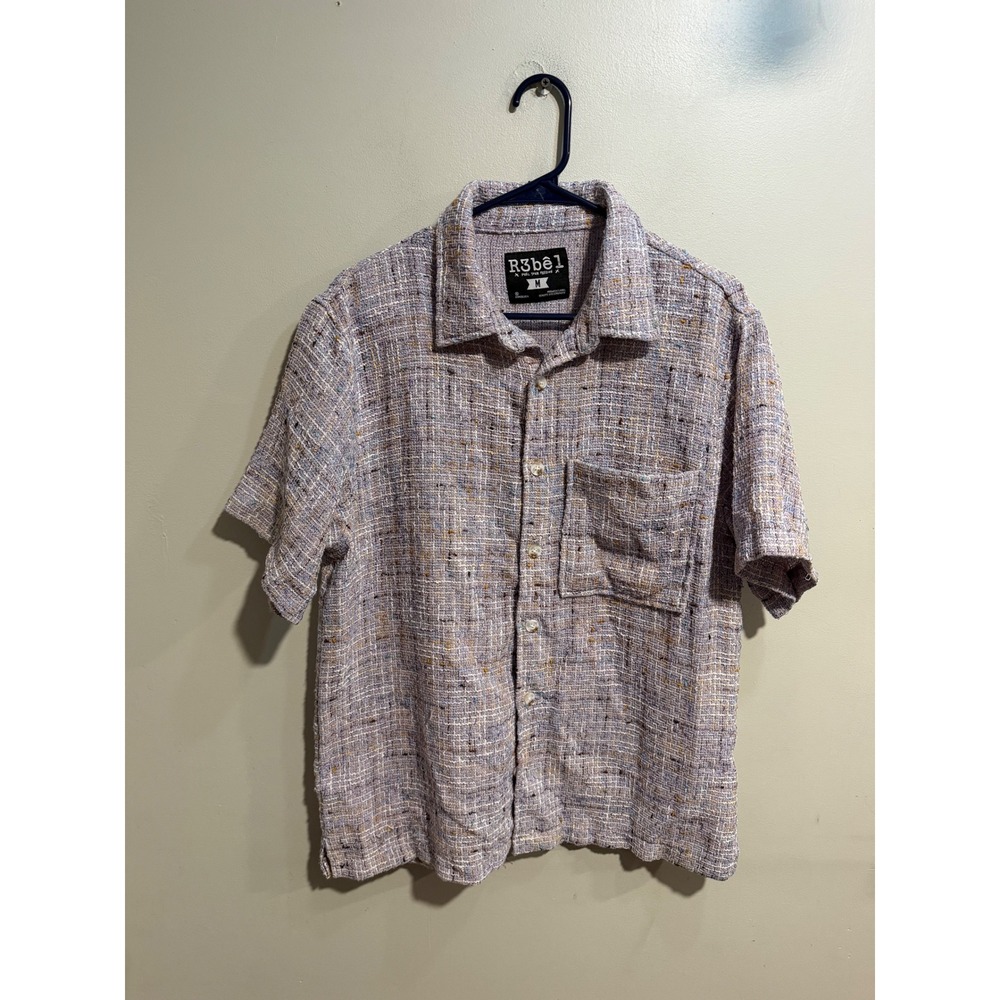 R3bel Fuel Your Passion Mens Medium Lavender Tweed Knit Short Sleeve Button Up